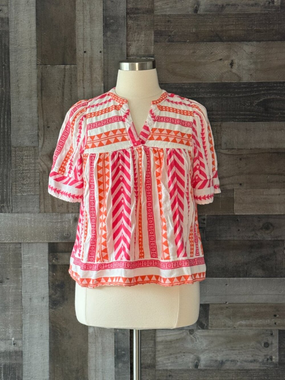 Pink orange embroidered peasant top large tropical beach feminine barbiecore - Picture 4 of 10